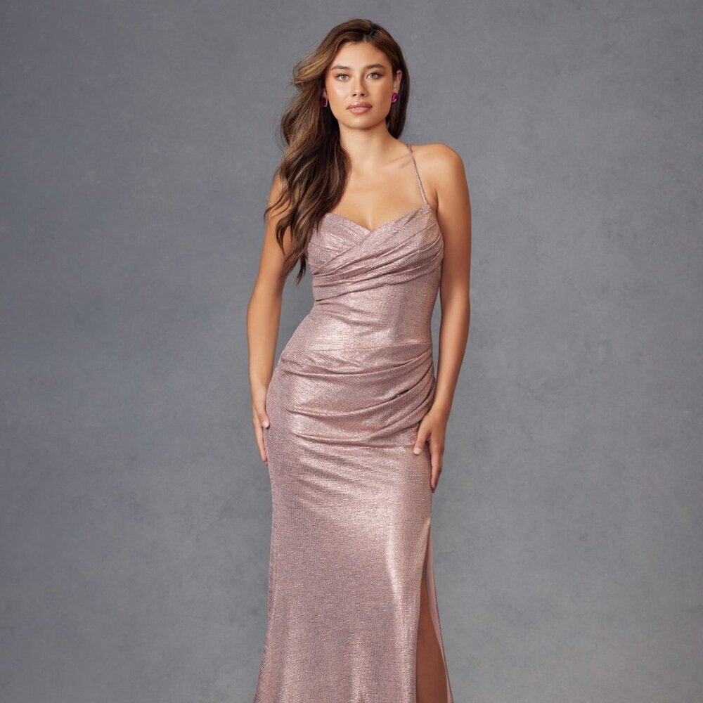 NEW FORMAL SLEEVELESS METALLIC SHEATH DRESS W/ COWL NECK & LACE UP BACK JT2494S